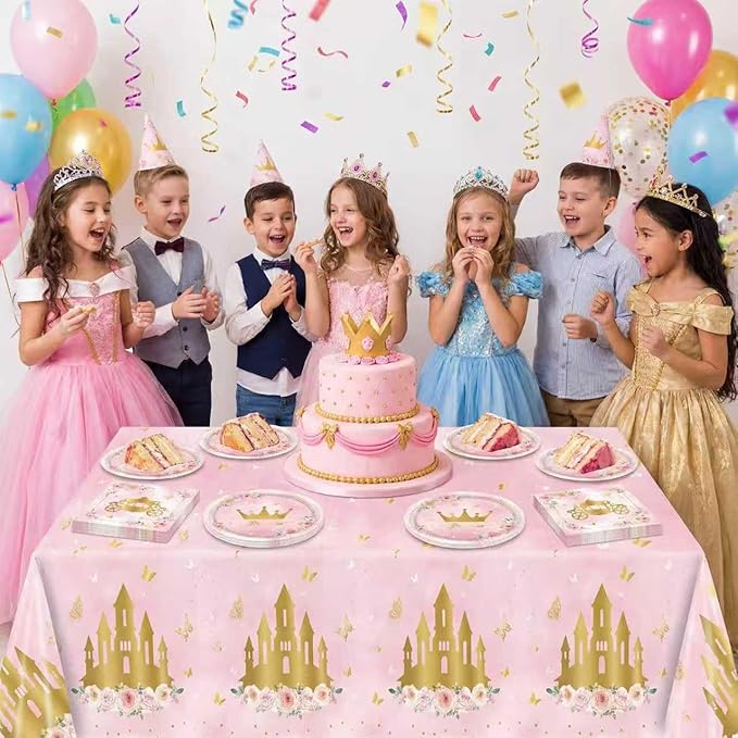 41PCS Princess Birthday Party Decorations,Pink Floral Castle Princess Birthday Themed Tableware Set Includes Paper Plates and Napkins,Tablecloth for Princess Party Supplies,Serves 20