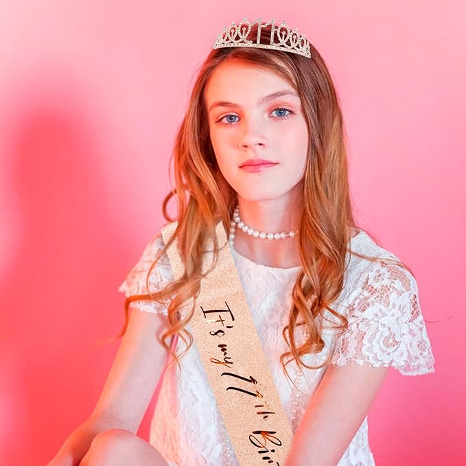 CIEHER 11th Birthday Crown + Sash + Pearl Pin Set, It's My Birthday Sash, 11th Birthday Tiara, Birthday Decorations & Gifts