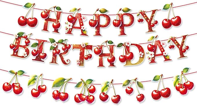 Zwiebeco Cherry Happy Birthday Party Decoration Banner Bunting Garland Hanging Paper for Sweet Girls Women Summer Fruit Themed Baby Shower Accessories Supplies