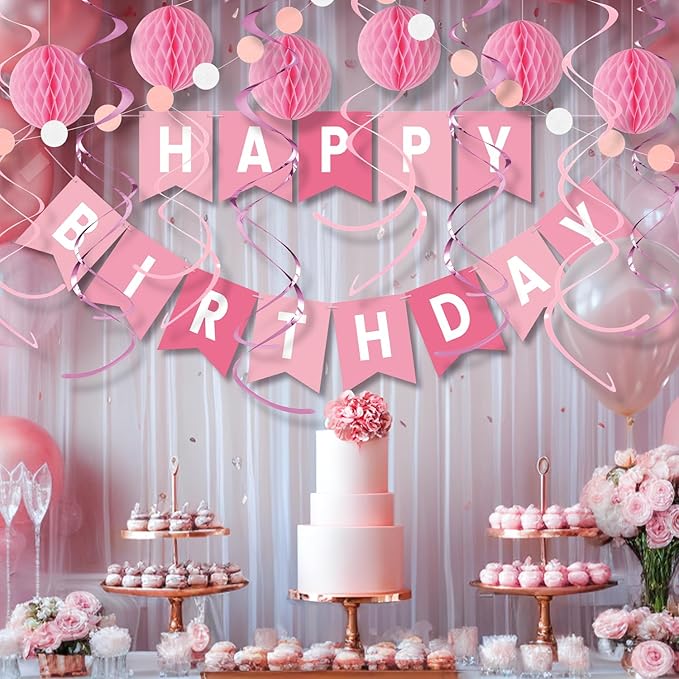 Pink Birthday Decorations Kit - 16-Piece Set with Pre-Strung Happy Birthday Banner, Honeycomb Balls, Garland & Swirls | Pink Theme Party Supplies for Women Girls Kids, Teens Adults