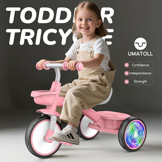 Umatoll Toddler Tricycle for 18 Month to 4 Year Old Girls,Toddler Bike Toys with Adjustable Seat&Light-Up Wheels,Birthday Gift for Age 2-3 (Pink)