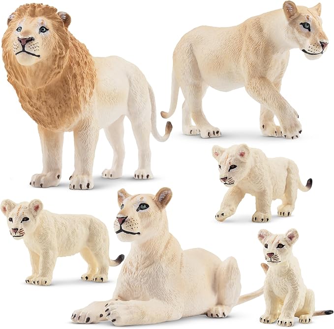 Toymany 6PCS White Lion Figurines with Lion Cubs, 2-5" Wild Life Jungle Animals Figures Realistic Family Set Includes Baby Lions, Educational Toy Cake Toppers Easter Birthday Present for Kids