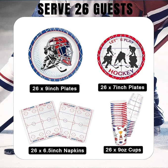 104 PCS Hockey Party Table Supplies Kit Serve 26, Includes Dinner Plates, Dessert Plates, Napkins, Cups for Ice Hockey Birthday Party Sport Events Decorations Favors