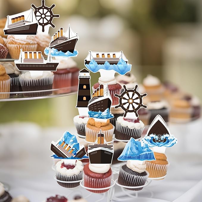 48PCS Nautical Party Cupcake Toppers Cruise Ship Birthday Party Decorations Ocean Ship Cake Decorations Iceberg Lighthouse Cupcake Picks for Cruise Liner Nautical Theme Birthday Baby Shower Supplies
