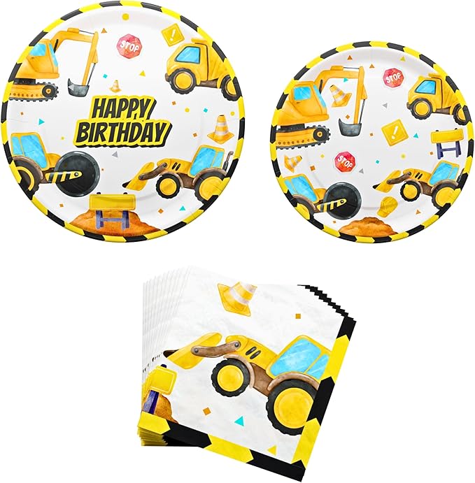 Blue Orchards Construction Plates and Napkins (52 Pieces for 16 Guests) - Construction Theme Birthday Party, Caution Decorations, Excavator Party, Plates and Napkins, Engineering Theme Party