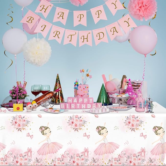Pink Ballerina Tablecloths 3 Pieces Birthday Party Decorations Plastic Table Cover for Girl Ballet Party Supplies Baby Shower Wedding Decor (70.8in x 42.5in)