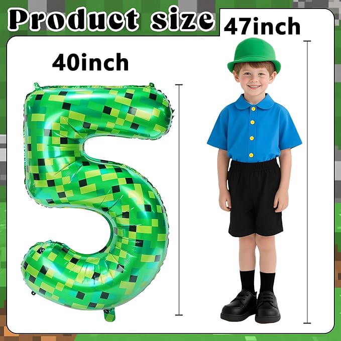 40in Pixel Number 5 Balloon Birthday Decorations, Miner Theme Foil Balloons banner Blast Gaming Party Supplies