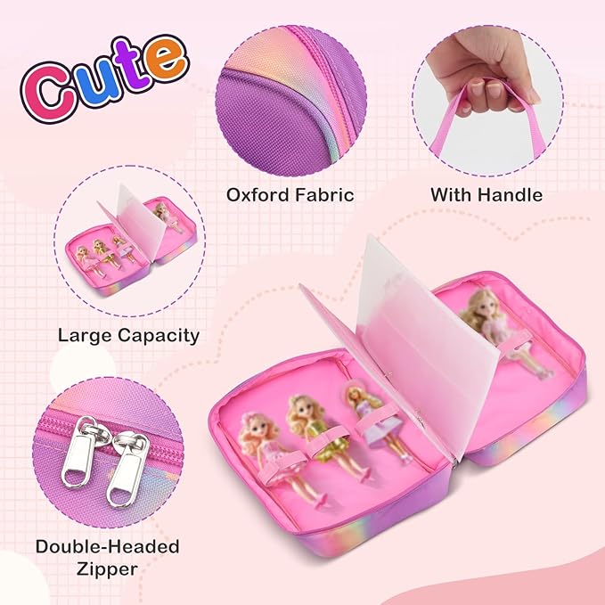 Doll Carrying Case Accessory Organizer Storage, Case to Hold Dolls and Clothes, Much Pocket for Doll’s Clothes, Accessories, Fits 6 Dolls & Accessories, Secure Straps Protect Dolls - Rainbow