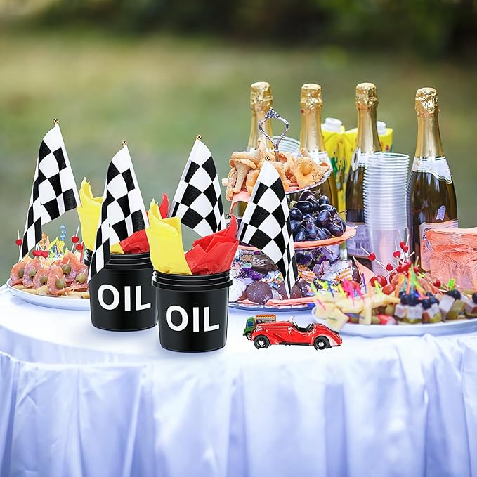 48 Pcs Race Car Party Decorations 6 Sets Racing Table Centerpieces Including 12 Checkered Flags 6 Plastic Drums 6 Oil Stickers 24 Tissue Papers for Race Car Themed Birthday Party Supplies