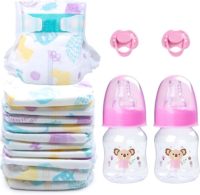 14 pcs Reborn Baby Doll Accessories with Feeding Set - Includes 10 Reborn Baby Doll Diaper , 2 Feeding Bottles and 2 Babydolls Pacifier Accessories