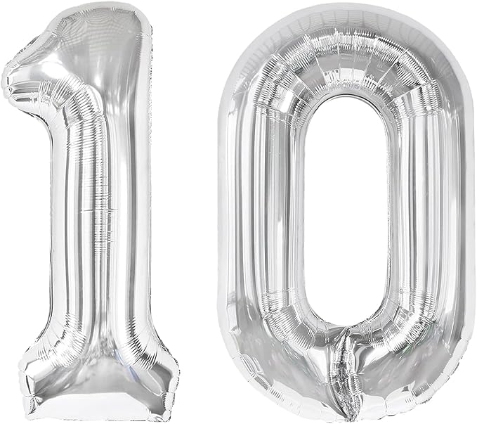 40 Inch Sliver Number 10 Balloon, Giant Number 10 Balloons for 10th Birthday Decorations, Party Supplies for Baby Boy Girl, Sliver Party Decor