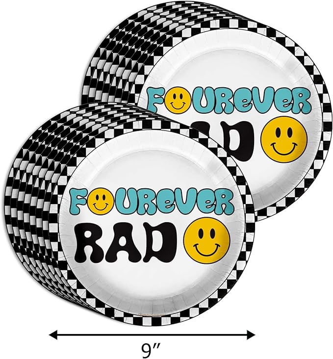 Fourever Rad Smiley Face 4th Birthday Party Supplies - 64 Piece Boys Fourth Birthday Tableware Set Includes Large 9" Dinner Plates and 8" Dessert Paper Plates Napkins Cups - Kit for 16