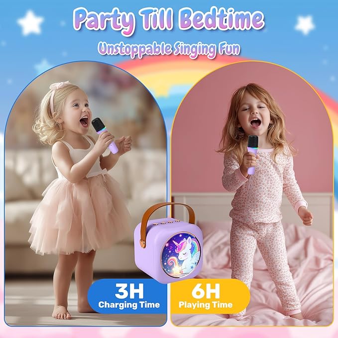 Mini Karaoke Machine with 2 Wireless Microphones, Portable Bluetooth Speaker for Kids & Adults, Ideal Birthday for Girls Boys Ages 3-12, Home Party Travel Entertainment Toy (Purple)