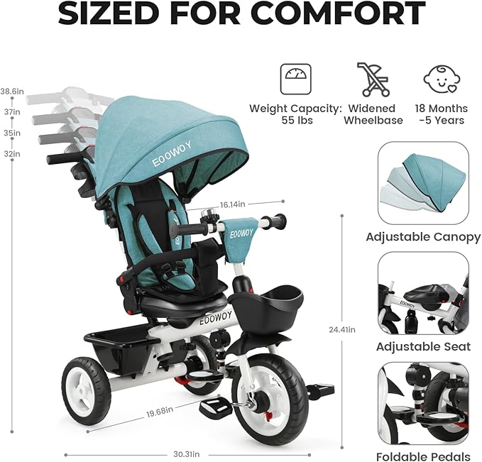 Toddler Tricycle with Push Handle, 7 in 1 Stroller Trike with 360° Swivel Seat, Reclining Backrest, All-Terrain Wheels, Dual Brakes, Canopy & Storage, Gift for Kids 18 Months to 5 Years, Green