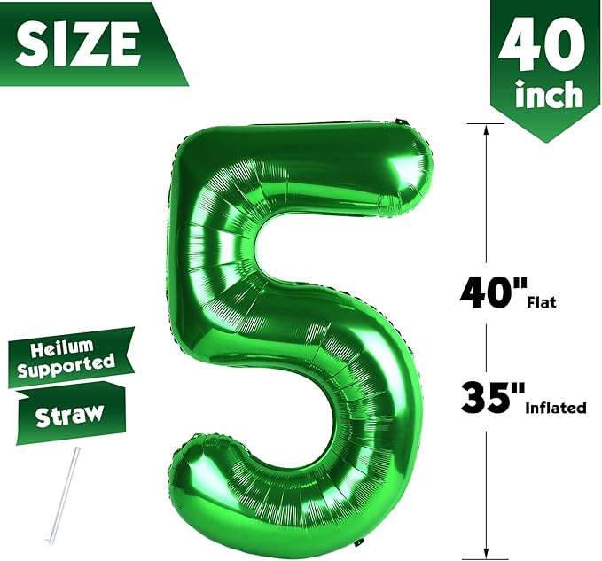 40 Inch Dark Green Number 5 Balloon, Giant 5 Number Balloons for 5th Birthday Decorations, Party Supplies for Baby Boy Girl, Dark Green Party Decor