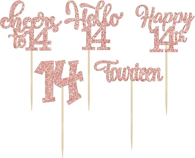 30Pcs 14th Birthday Cupcake Toppers Hello 14 Cupcake Picks Fourteen Cheers to 14 Years Old Cake Decorations for 14th Birthday Anniversary Party Supplies Rose Gold Glitter