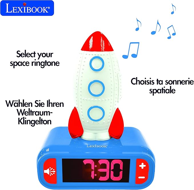 LEXiBOOK - Rocket Digital Alarm Clock for Kids with Night Light Snooze, Childrens Clock, Luminous Rocket, Blue Colour - RL800SPC