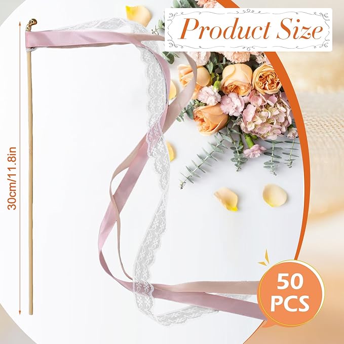 50Pcs Ribbon Sticks Wands Streamers with Bells Silk Fairy Lace Stick Party Ribbon Streamers for Wedding Party, Birthday and Holiday Activities-Pink