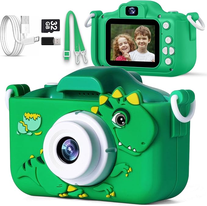 Kids Camera for 3, 4, 5, 6, 7, 8, 9 Year Old Boys Girls – 1080P HD Kids Video Camera, Dinosaur Christmas Birthday Gifts, Toddler Dual Lens Digital Camera with Games, Toys for Toddlers - 32GB SD Card