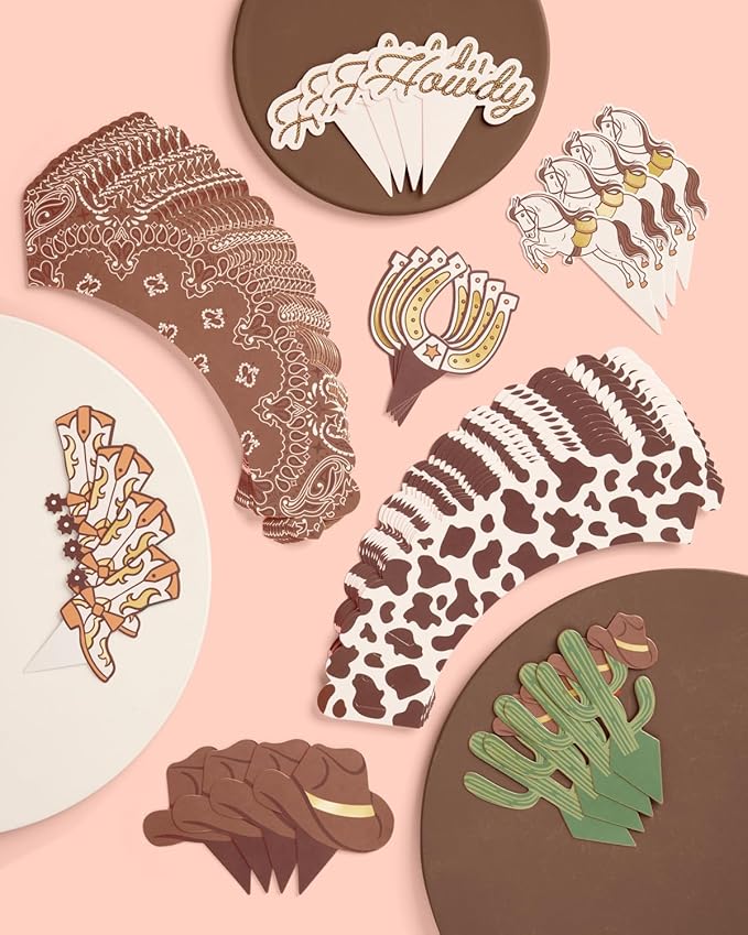 xo, Fetti Western Cupcake Liners + Toppers - Set of 24 | Rodeo Birthday Cake Decoration, Hoedown Bachelorette Food Accessory, Kids Party Supplies