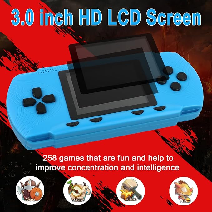 3.0" Screen Retro Handheld Game for Kids Adults - Portable 258 Preloaded Classic Video Games, Rechargeable Gaming Player for Travel Electronic Xmas Gift for Boys Girls