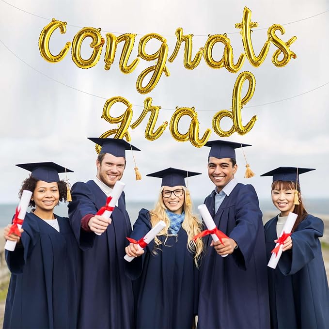 TONIFUL 2026 Congrats Grad Balloons - 16 Inch Cursive Gold Congrats Foil Balloons Banner Reusable Material for Graduation Party Graduate Congratulations 2026 Congrats Grad Decorations