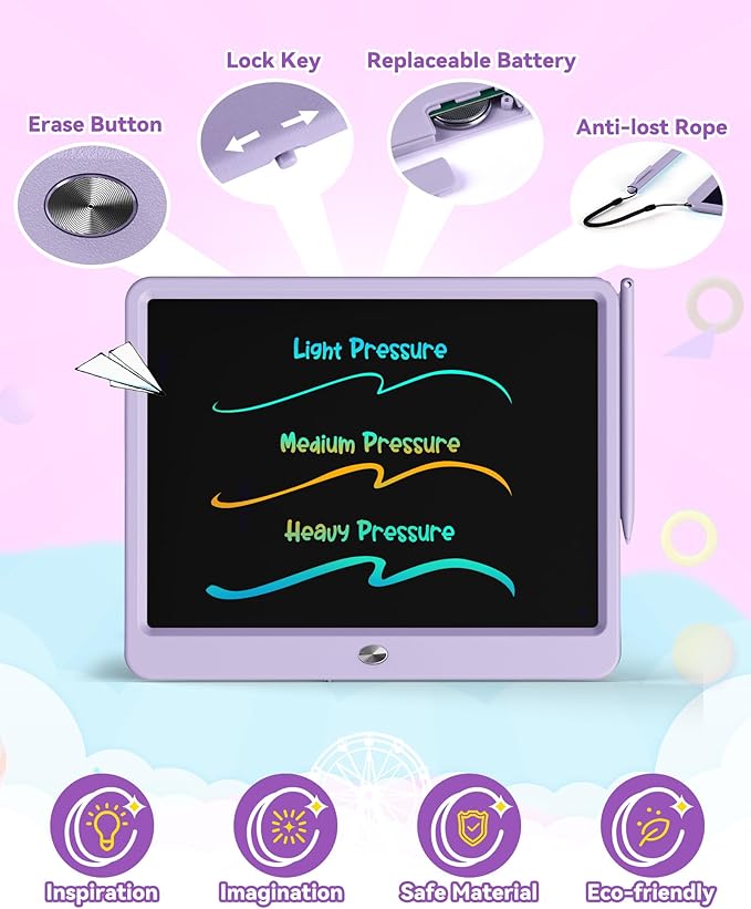 KOKODI 15 Inch LCD Writing Tablet with Anti-Lost Stylus, Erasable Doodle Board Colorful Toddler Drawing Pad, Car Travel School Games Toys for 3 4 5 6 7 8 Kids, Birthday Gift for Girls Boys Purple
