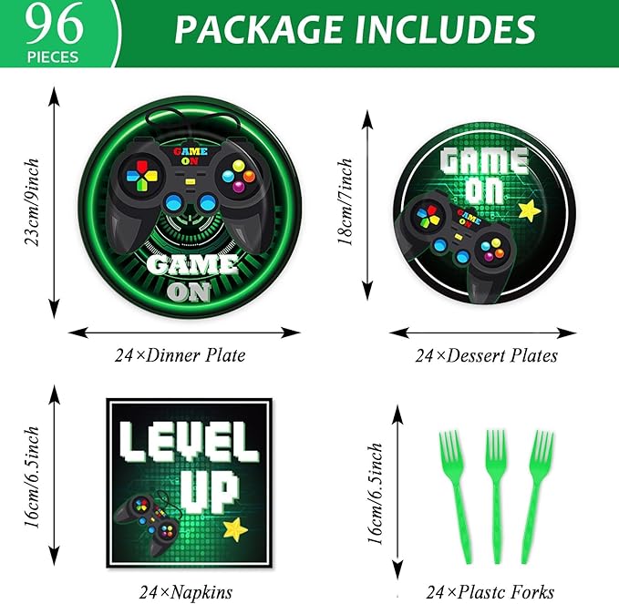 96 Pcs Video Game Plates and Napkins Party Supplies Gaming Party Tableware Set Green Gamer Party Decorations Favors for Kids Birthday Baby Shower Serves 24