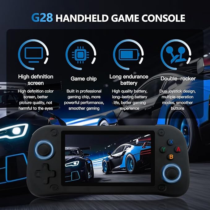 2025 New Upgraded G28 4.3 Inch HD 64GB Handheld Game Console Support up to 20+ Classic Simulators to Play Classic Games for PSP/ PS1/ N64 for G-AME boy Birthday Gifts Presents- Black
