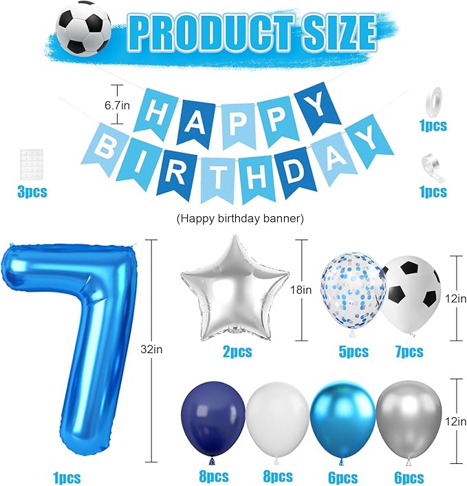 7th Soccer Birthday Party Decorations for Boys, Soccer Theme Party Decorations with Blue White Silver Balloons 'HAPPY BIRTHDAY' Banner 32in Foil 7 Balloon for Boy Kids Men Birthday Baby Shower Decor