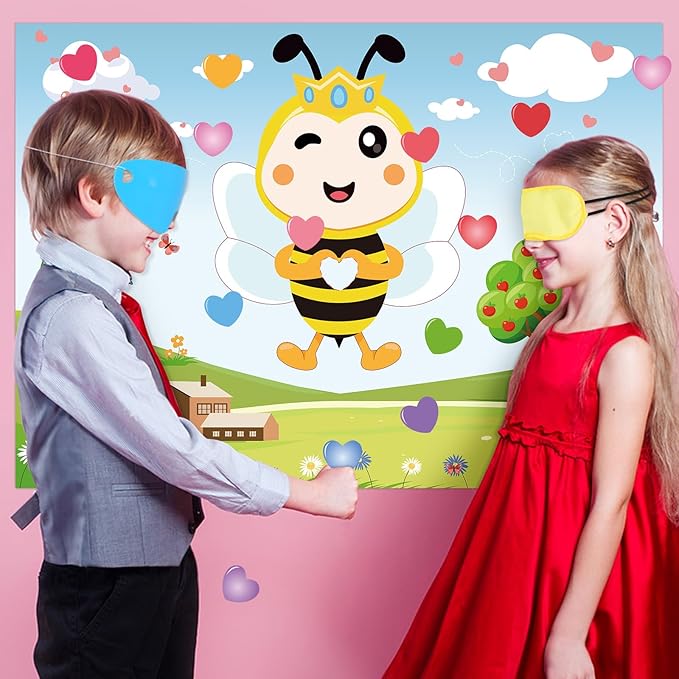Hooqict Valentines Games for Kids Party Pin The Heart on The Bee Valentines Day Party Games Activities Galentines Day Decorations, Large Pin The Tail Poster with 36 Stickers