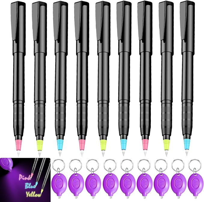 Invisible Ink Pens with UV Light, Magic Spy Pens with Mini UV LED Keychain Flashlights for Secret Messages, Disappearing Ink Pens with Black Light for Kids, Ideal for Parties and Gifts (9PCS)
