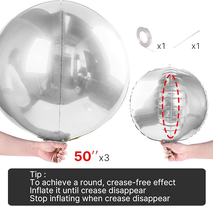 PartyWoo Metallic Silver Foil Balloons 3pcs 50 Inch Large Round Foil Big Giant 4D Jumbo Inflatable Mirror Ball Mylar Balloons for Graduation Birthday Engagement Space Themed Party Decorations