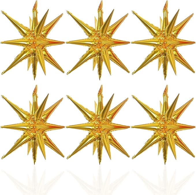 6 Pcs Gold Star Foil Balloons One-Piece 14-Pointed Star Balloon 4D Starburst Cone Mylar Balloon 22inch Christmas Birthday Wedding Wedding Anniversary Party Supplies(Gold)