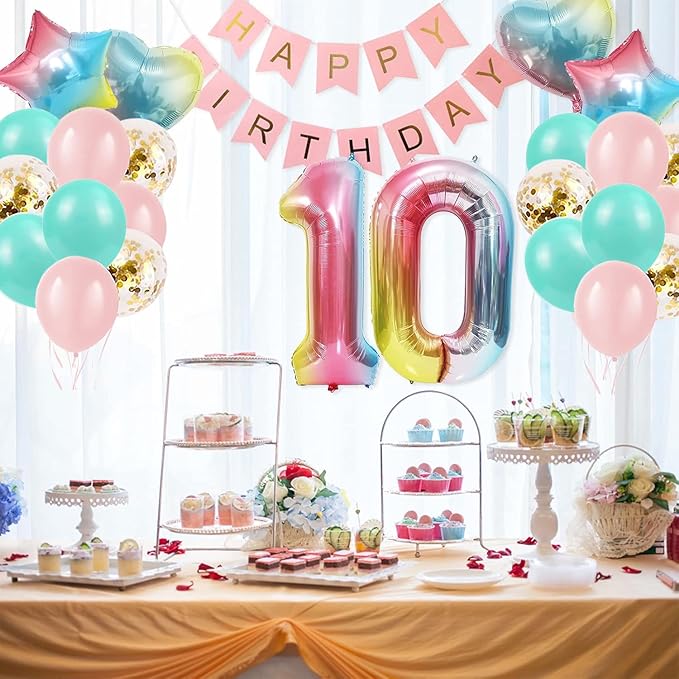 10th Birthday Gradient Color Balloons with Happy Birthday Banner and Party Supplies for Girls & Boys