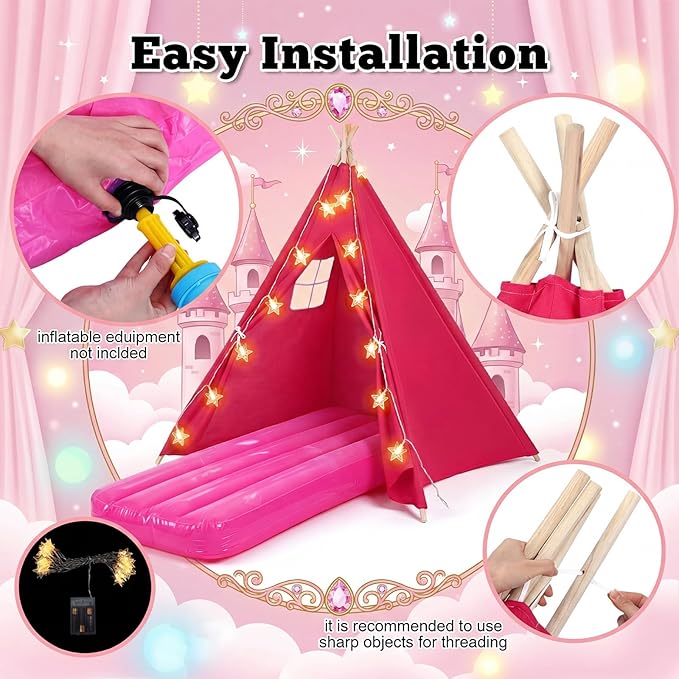 6 Set Sleepovers Teepee Tents Spa Party Robes Supplies Bulk with Inflatable Airbed and Light String, Party Supplies for Birthday Movie Spa Favors Gifts Indoor Outdoor(1 Pink,5 Rose Red)