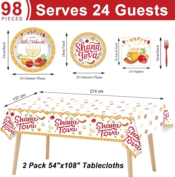 98 Pcs Rosh Hashanah Party Supplies Jewish New Year Plates Shana Tova Party Tablecloth Rosh Hashanah Party Decorations for Kitchen High Holy Day Tableware Paper Forks Napkins Plates for 24 Guests