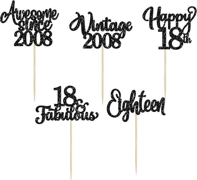30Pcs Happy 18th Birthday Cupcake Toppers Glitter Eighteen Vintage 2008 Cupcake Picks Cheers to 18 Fabulous Cake Decorations for 18th Birthday Wedding Anniversary Party Supplies Black