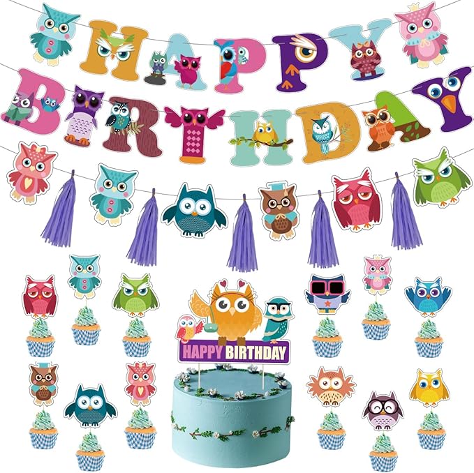Owl Birthday Decorations - Cute Owl Theme Party Supplies with Birthday Banner, Colorful Tissue Paper Tassels Garland, Cake Toppers Set for Baby Shower, Kids Woodland Bday Party Decors