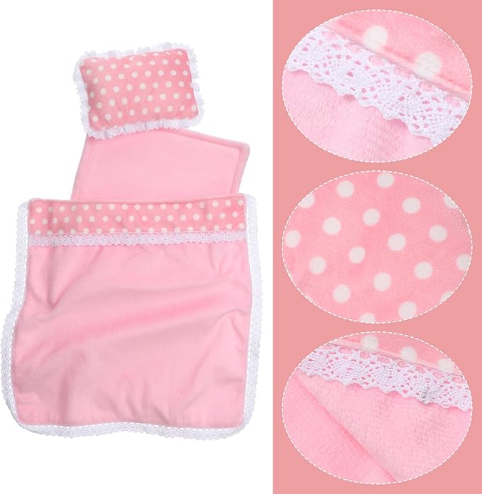 3Pcs Baby Doll Accessories Dolls Bedding Kit Playset Soft Pink Polka Dot Baby Doll Blanket Mattress Pillow Fits 8-12 Inches Dolls for Girls Dollhouse Gifts Bedding Accessories