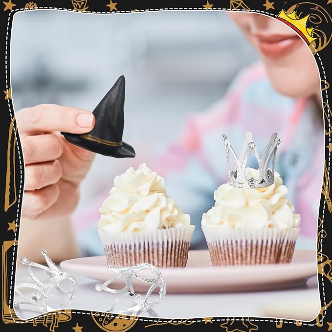 24 Pack Witch Hat and Crown Cake Topper Bad Witch Birthday Party Decorations Mini Wizard Hats Silver Crown Cupcake Toppers Decor Princess Cake Accessories for Birthday Party Supplies Crafts