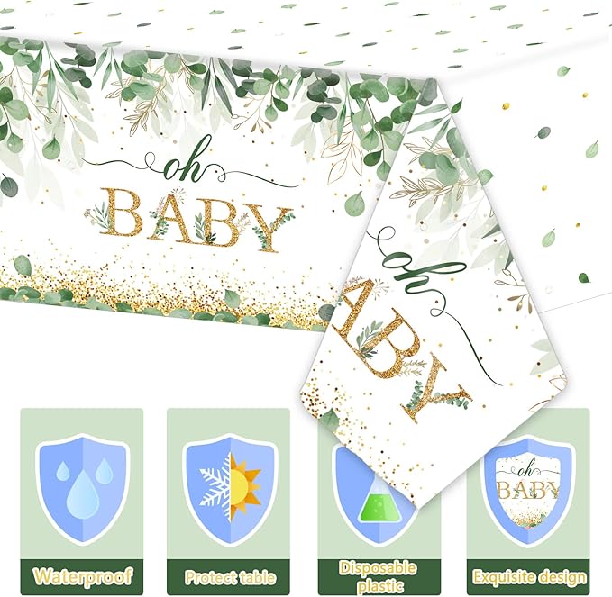 3 Pieces Sage Greenery Oh Baby Tablecloths for Baby Shower Party Decorations Plastic Disposable Gold Foil Eucalyptus Leaf Table Covers for Rectangle Tables Sage Boho Woodland Neutral Party Supplies