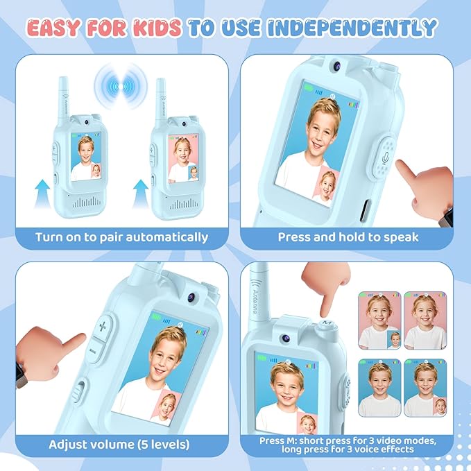 Kids Video Walkie Talkie, 2 Pack Rechargeable Walkie Talkie with Screen Camera, Long Range Facetime Chat, Toys for 3-12 Boys Girls, Birthday Easter Toddler Gifts, Indoor Outdoor Camping Toys