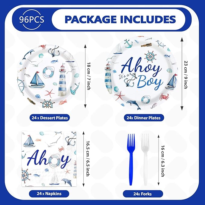 Grencian 96 Pcs Boy Nautical Party Decorations Oh It's A Boy Plates and Napkins Disposable Blue White Tableware Sets for Boys Baby Shower Baby Gender Reveal Birthday Sailing Party Supplies Serves 24