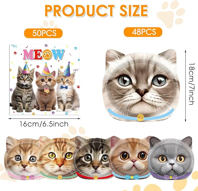 96 PCS Cat Birthday Decorations Kitten Party Disposable Tableware with Party Paper Plates and Cat Napkins Dinnerware Kit for Cats Themed Birthday Parties Supplies Serves 48 Guests