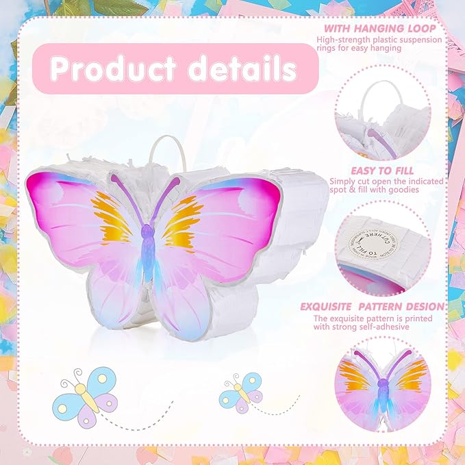 Lewtemi Butterfly Piñata Decorations with Stick Blindfold and Confetti for Birthday Fairy Woodland Theme Decorations Photo Prop Funny Anniversary