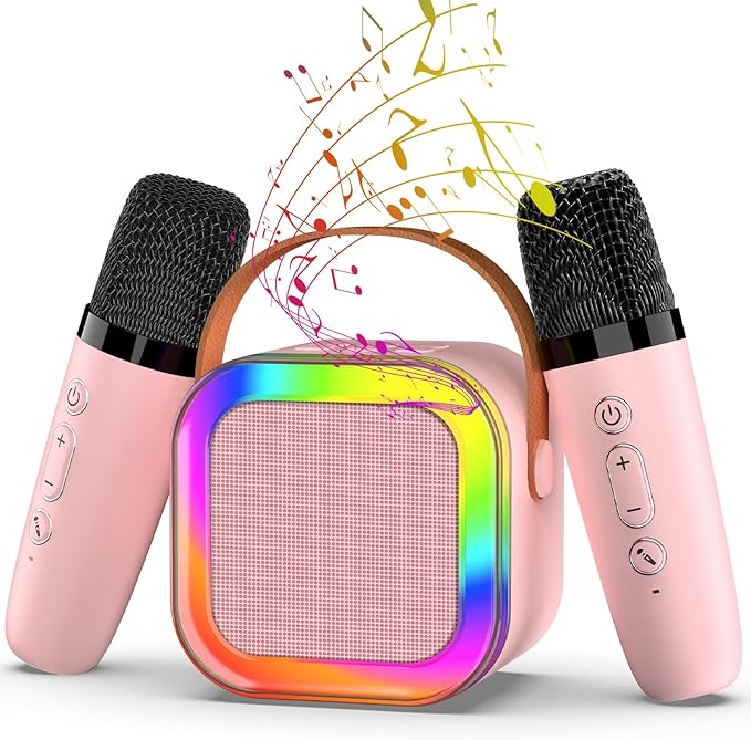 Karaoke Machine with 2 Mic, Wireless Microphones for Kids Adults Toddler with LED Party Lights, Mini Kids Microphone Christmas Birthday Gift for Girls Toys 4, 5, 6, 7, 8, 10 12+ Years Old 【Pink】
