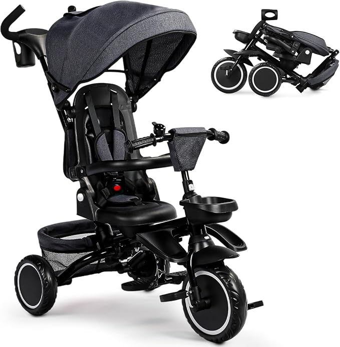 Folding Kids Tricycle, 8 in 1 Toddler Trike W/Removable & Adjustable Canopy, Parent Handle, 5-Piont Harness, Toddler Bike Tricycle for Kids 1-6 Years, EVA Wheels, Storage Basket, Grey