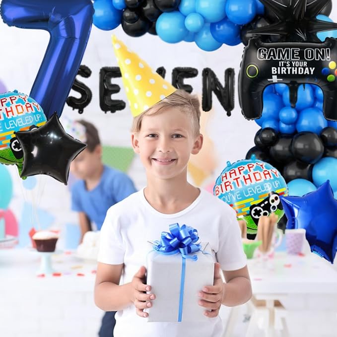 13pcs Video Game Themed Party Decorations, Number 7th Boys Birthday Party Supplies, Navy Blue Video Game Controller Mylar Foil Balloon, Video Game Party Decoration Supplies (Number 7)