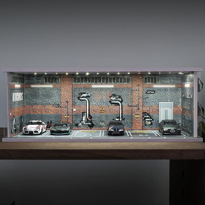 1:64 Car Model Display Case with Lights for Hot Wheels,Matchbox Cars,Diecast Alloy Small Truck Collectibles Storage Box-Dilapidated Factory Scenes Parking Garage